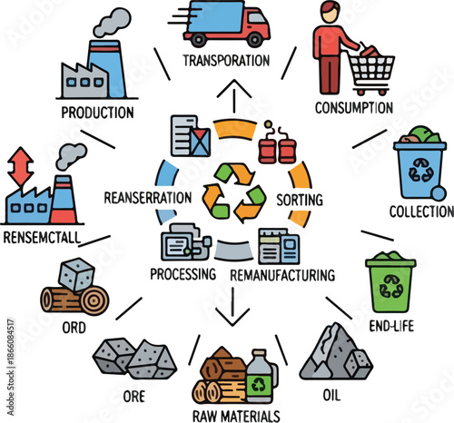 Circular Economy Diagram Illustrating Production Consumption and Recycling Process.