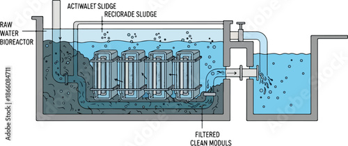 Diagram of a wastewater treatment system with bioreactor and filtration.