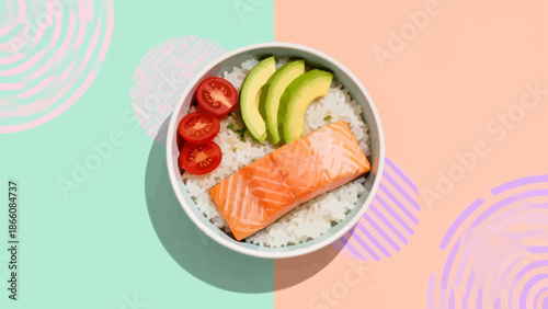 Salmon rice bowl with avocado and tomatoes