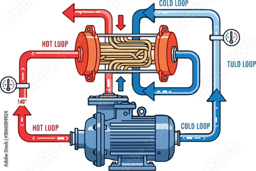 Heat exchanger system with hot and cold loops and pump.