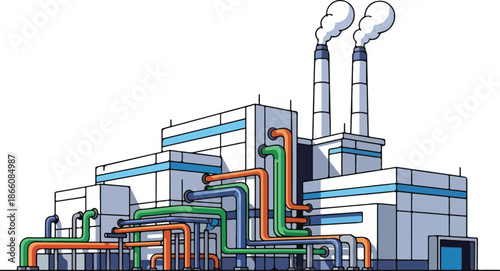 Industrial factory building with smoking chimneys and complex pipe systems.