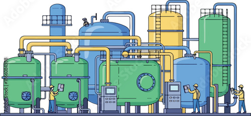 Industrial chemical plant with workers operating machinery and tanks.