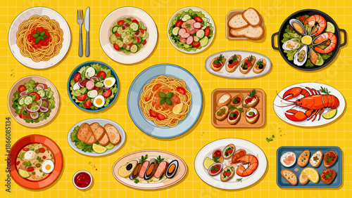 Assorted food dishes on yellow table