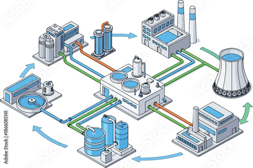 Industrial water treatment and purification system diagram.
