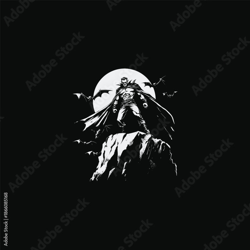 Vintage engraving of a vampire count in a long cape standing on a jagged cliff with a red moon and bats.