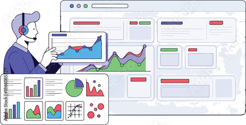 Man with headset analyzing data on multiple screens with charts and graphs.