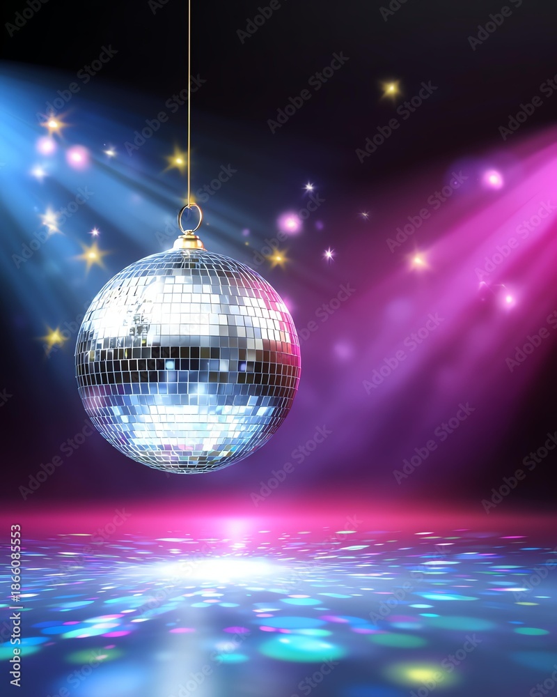Fototapeta premium Disco Ball's Glittering Reverie: Suspended in a darkened room, a disco ball's mirrored surface reflects a cascade of dazzling lights, casting a spell of retro-cool.