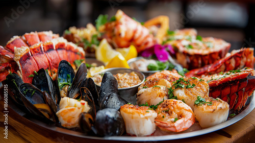 a gourmet seafood platter featuring grilled lobster tail, scallops, mussels, and shrimp served with creamy sauce and fresh herbs. Ideal for luxury restaurant menus, fine dining promotions