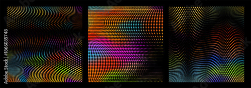 Modern Halftone colored Subtle Pop Art set Texture. Vector waves of dots on a black background. Hand drawn. Not AI, minimalist backgrounds