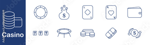 Casino set icon. Chips, money bag, cards, wallet, coin stacks, slot result, bet tokens, winnings, currency, exchange, transaction, fortune, reward.