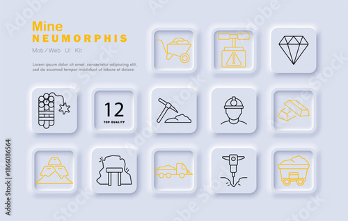 Mine set icon. Diamond, pickaxe, gold, worker, dynamite, cart, cave, drill, truck, minerals, rock, wheelbarrow equipment and elements of excavation