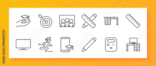 Education set icon. Graduation, target, student, pencil, ruler, desk, computer, online learning, calculator, goal, study, school, training, success, class, teaching, knowledge, course, 
