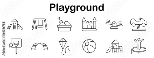Playground set icon. Line style elements showing slide, swing, seesaw, castle, trampoline, ball, car, hoop, kite, and sandbox in play environments