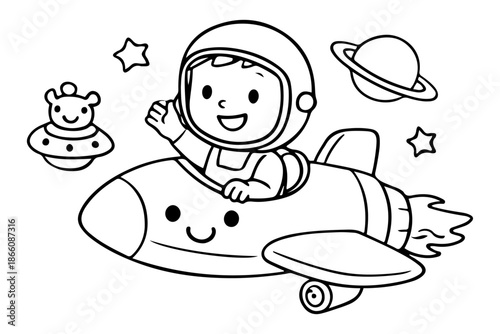 Cute Astronaut Waving From Rocket Ship with Ufo and Planets, Space Adventure Coloring Page