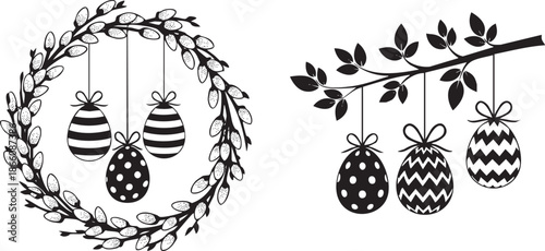 Elegant Black and White Easter Egg Wreath and Branch Silhouette