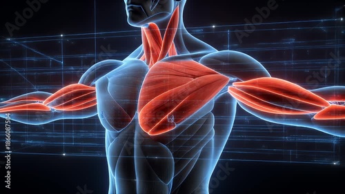 Anatomical illustration of the human muscular system, highlighting pectoral and deltoid muscles with glowing red accents against a dark, futuristic grid background