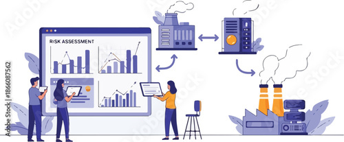 People analyzing data on a large screen with factory and server illustrations.