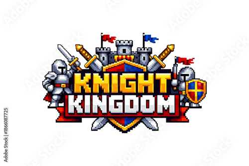 Retro pixel art medieval knights and castle emblem with swords and shields