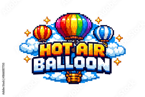 Colorful pixel art hot air balloons in the sky with clouds and stars