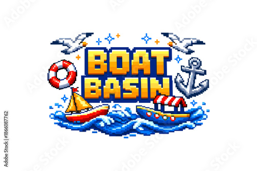 Retro pixel art nautical theme with boats, waves, and maritime elements