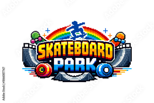 Retro arcade skateboard park logo with colorful pixel art design