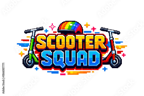 Retro pixel art scooter squad logo with rainbow helmet and colorful background