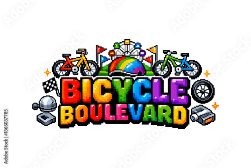 Colorful bicycle adventure sign with pixel art style and fun racing elements