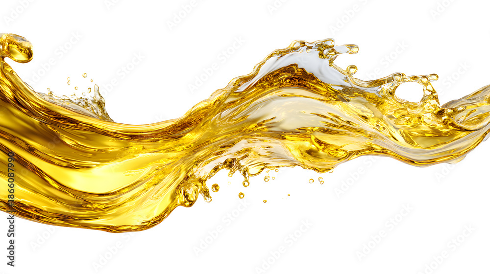 Fototapeta premium A splash of gold water transparent yellow liquid in motion isolated on white background with dynamic and energy and movement and wave and flow
