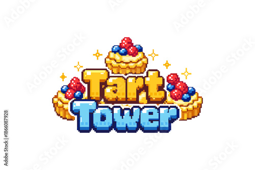 Pixel art tart tower: retro dessert with berries and sparkles