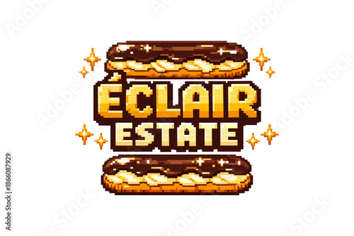 Pixel art eclair dessert sign with chocolate glaze and sparkles