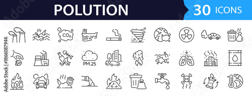 Pollution Web Icon Set in Linear Style. Collection of Garbage and Waste line icons, including ecosystem, waste, recycling, trash, disposal, sorting and more. Editable stroke
