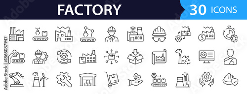 Factory and manufacturing Web Icon Set in Linear Style. Collection of manufacturing line icons, including automation, plants, industrial, production, machine, warehouse and more. Editable stroke
