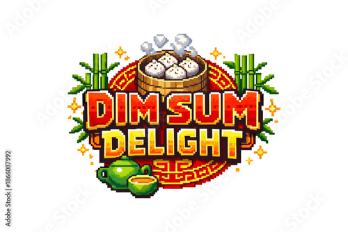 Pixel art dim sum delight with bamboo and teapot in retro style
