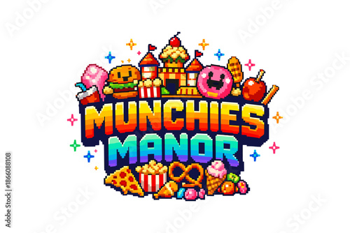Colorful retro pixel art munchies design featuring iconic snacks and sweets