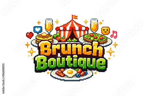 Colorful pixel art brunch design with sparkling dishes and tent theme