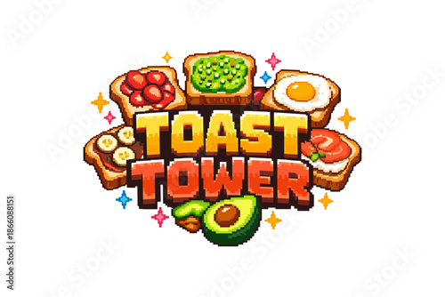Retro pixel art toast tower: avocado, egg, and more