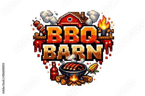 Retro pixel art bbq barn with grilled food and fire elements
