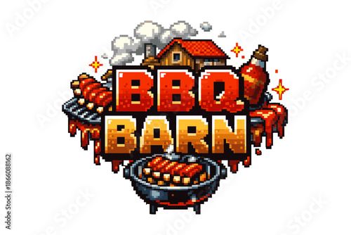 Pixel art bbq barn logo with grilled ribs and smoky background