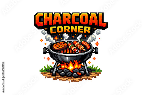 Retro pixel art barbecue with grilled meat and flaming charcoal grill