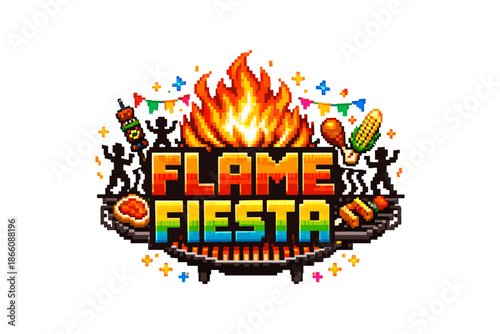 Pixel art bbq celebration with fire and grilling elements