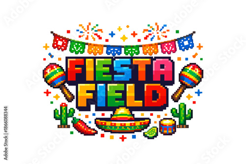 Pixel art fiesta celebration with maracas and sombrero