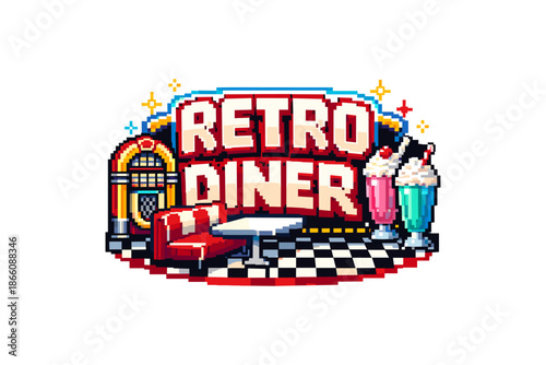 Pixel art retro diner with jukebox and milkshakes on checkered floor