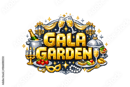 Pixel art gala celebration with luxurious dining elements