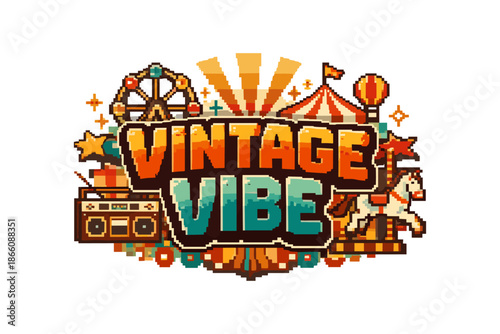 Retro fairground adventure with pixel art style featuring carousel and ferris wheel