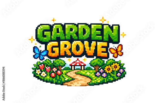 Colorful pixel art garden scene with butterflies and flowers