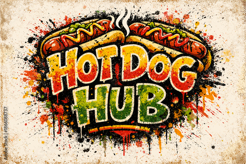 Colorful grunge style hot dog hub logo with splatter and bold text