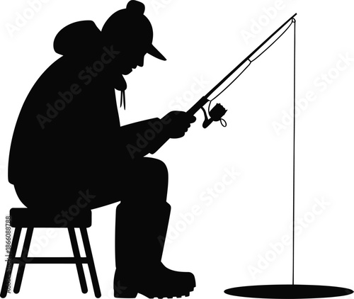 Ice fisherman sitting on stool with fishing rod over hole, compact black silhouette