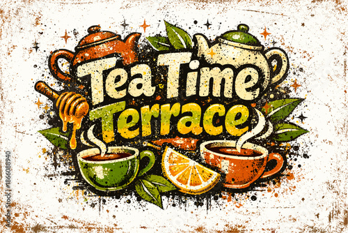 Retro tea time terrace design with teapots and cups