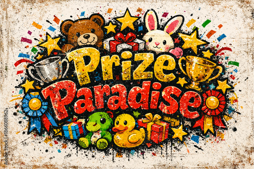 Colorful celebration of fun prizes with cute animals and vibrant decorations