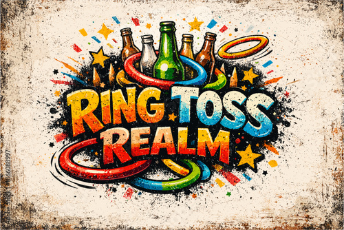 Retro ring toss game with colorful bottles and stars in grunge style